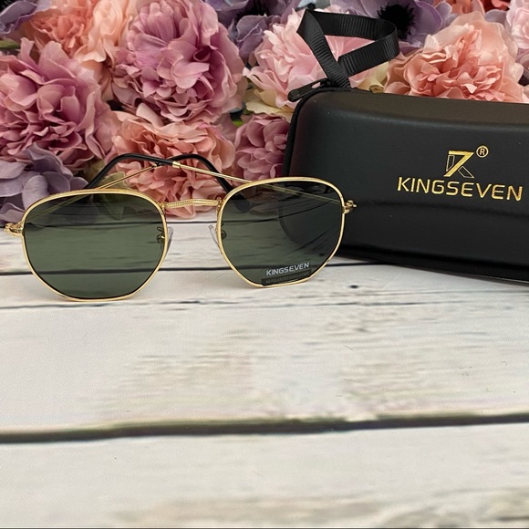KINGSEVEN Retro Hexagon Green & Gold Polarized Sunglasses - Picture 6 of 16